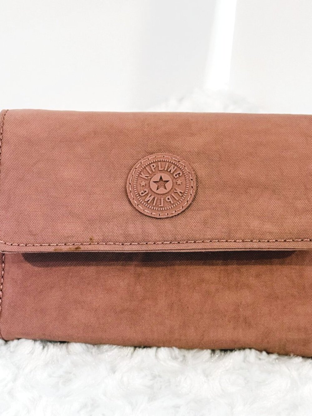 Kipling Womens Trifold Compact Wallet Mauve Snap Button Closure